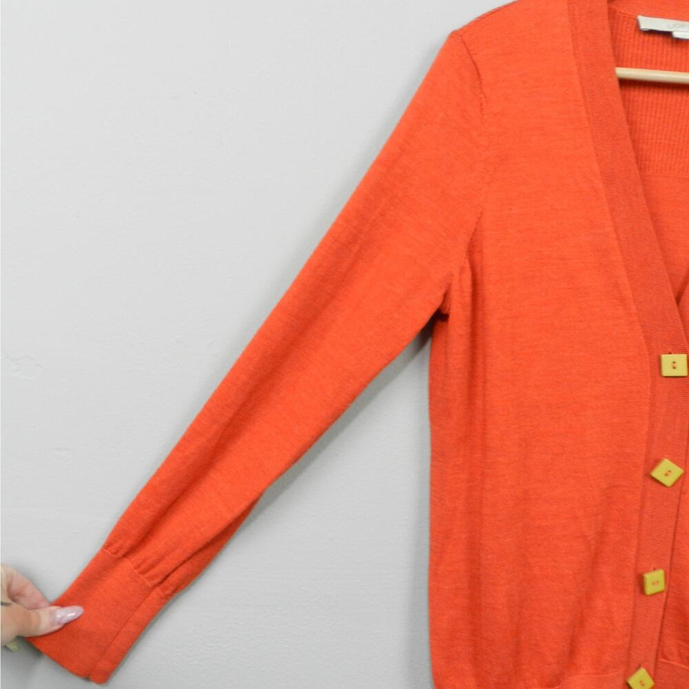 LOFT Cardigan Sweater Size L Orange Wool Blend Custom Buttons Flower Patch - Picture 9 of 16